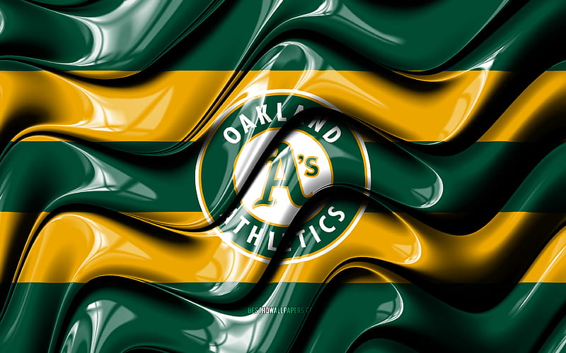 Oakland Athletics flag, , green and yellow 3D waves, MLB, american baseball team, Oakland Athletics logo, baseball, Oakland Athletics, HD wallpaper