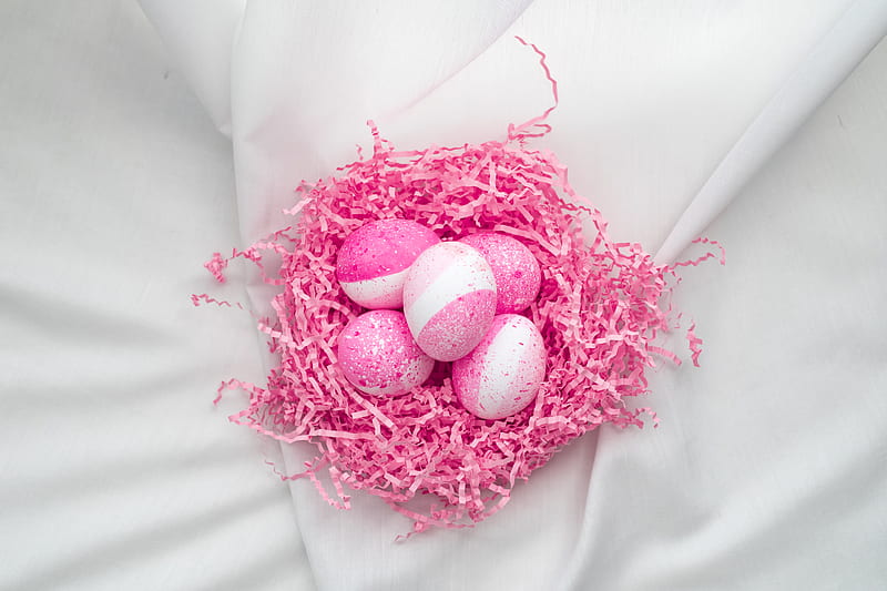 Pink Painted Eggs on White Textile, HD wallpaper