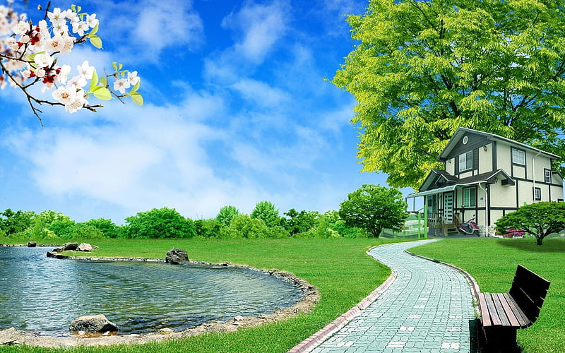 House With Pond, Water, Trees, Sky, Clouds, House, Nature, HD wallpaper