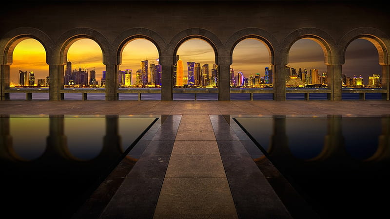 arched view of doha qatar, pools, city, arches, view, sunset, HD wallpaper