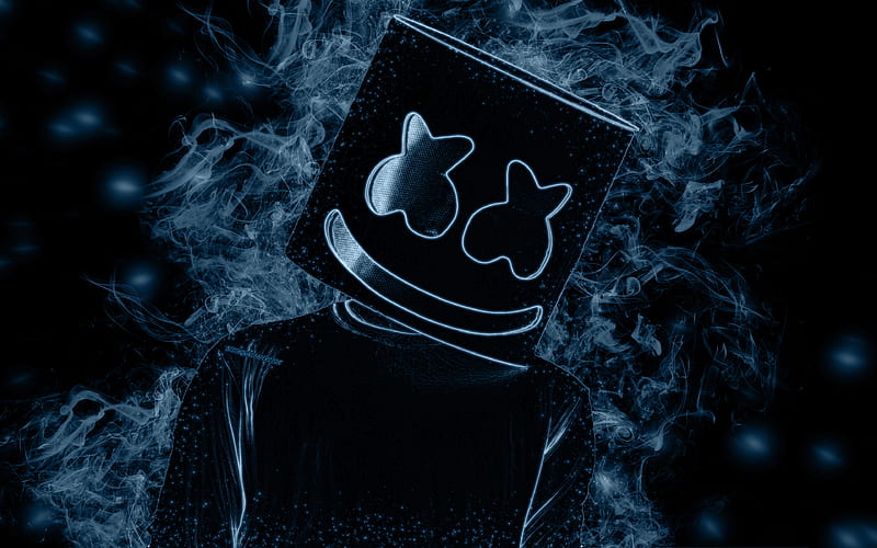 Marshmello smoke art, American DJ, blue smoke, art, Marshmello hat, Chris Comstock, portrait, EDM, electronic music, HD wallpaper