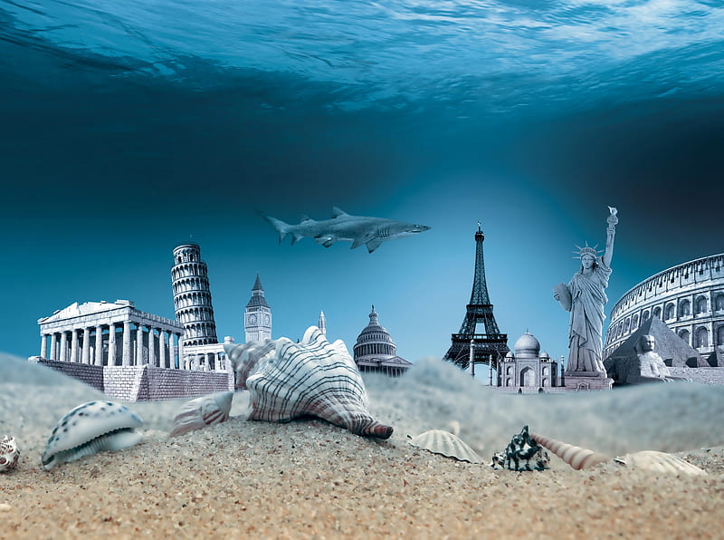 Underwater World, world, underwater, ocean, travel, shark, statue of liberty, sand, coliseum, eiffel tower, tower, famous, big ben, shells, HD wallpaper