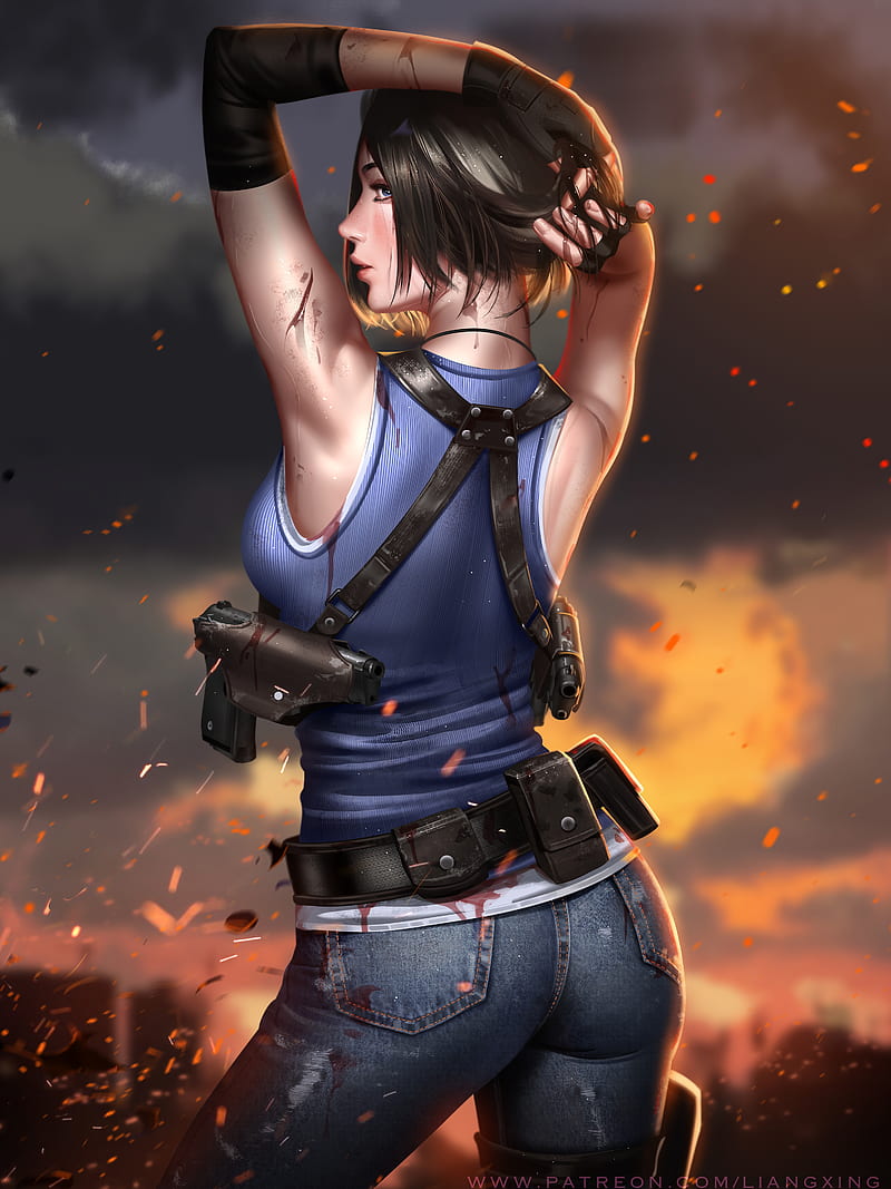 Jill Valentine, Resident Evil, Resident evil 3, Resident Evil 3 Remake, video games, video game girls, video game characters, women, fantasy girl, brunette, short hair, profile, blue eyes, looking back, looking over shoulder, looking at viewer, T-shirt, back, gun, weapon, belt, thigh strap, jeans, blood, fire, sparks, sunset, depth of field, artwork, drawing, digital art, illustration, fan art, Liang Xing, Liang-Xing, HD phone wallpaper