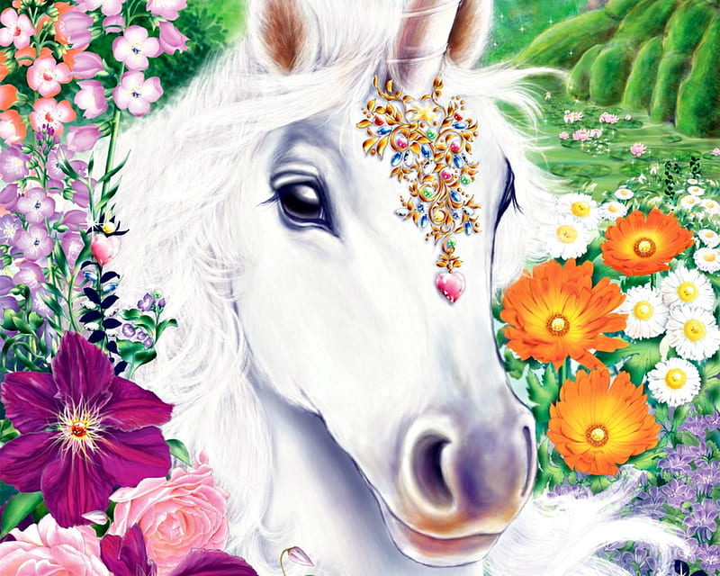 Unicorn, luminos, orange, horse, fantasy, green, inorog, flower, white,  pink, HD wallpaper | Peakpx