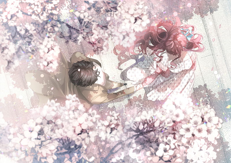 Anime couple, romance, top view, dress, spring, holding hands, sakura  blossom, HD wallpaper | Peakpx