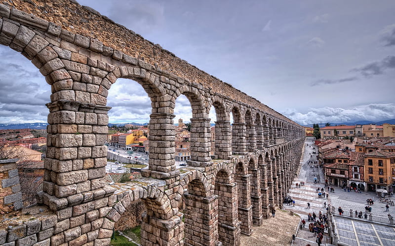 Aqueduct of Segovia, The Roman Aqueduct, longest aqueduct, ancient buildings, Western Europe, Segovia, Spain, HD wallpaper