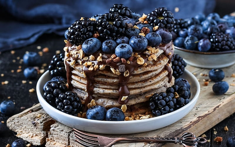 pie with berries, dessert, blueberries, blackberries, chocolate, pastries, pancakes, HD wallpaper