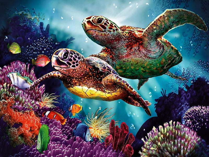 Sea Turtle Mother F2Cmp, underwater, art, fishes, fish, ocean, bonito, turtle, artwork, painting, wide screen, wildlife, seascape, scenery, HD wallpaper