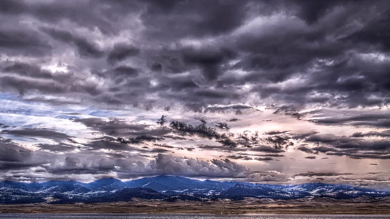 big sky in grey, mountains, gris, clouds, sky, blue, HD wallpaper