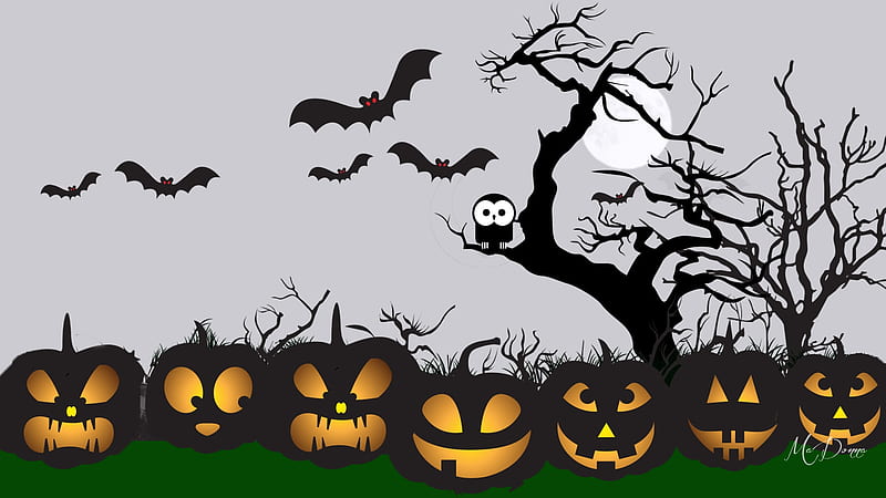 Scary Pumpkins, full moon, jack-o-lanterns, dead tree, Halloween, mpkins, sky, bats, owl, HD wallpaper