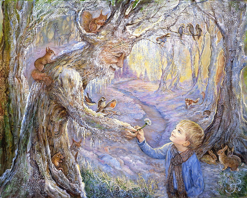 First sign of spring, forest, veverita, josephine wall art, squirrel, spring, winter, tree, boy, painting, flower, copil, child, pictura, daisy, HD wallpaper