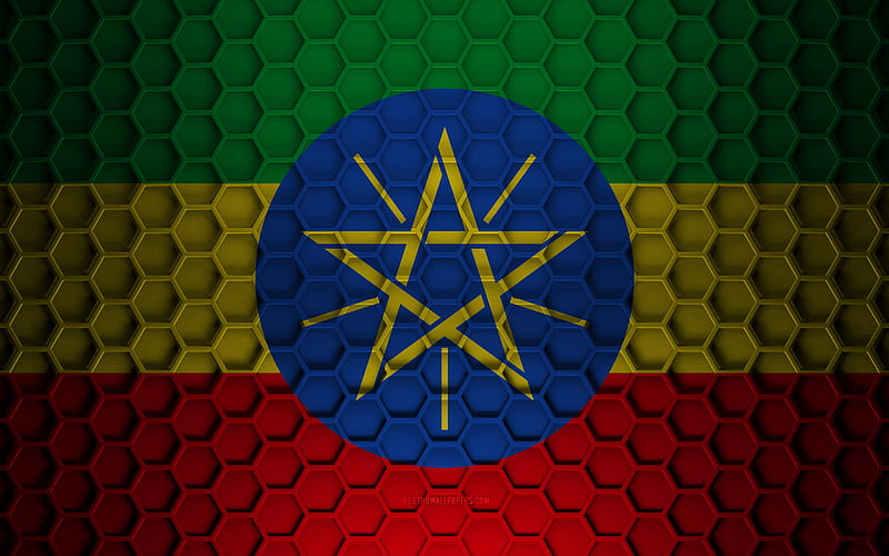 Ethiopia flag, 3d hexagons texture, Ethiopia, 3d texture, Ethiopia 3d flag, metal texture, flag of Ethiopia, HD wallpaper