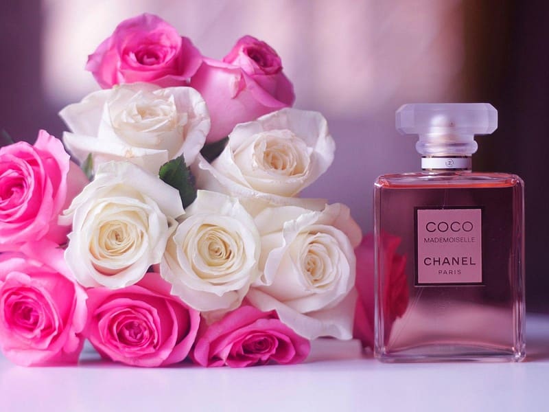 Roses & Coco Chanel, Chanel, fashion, Chanel 5, roses, perfume, Coco, elegance, HD wallpaper