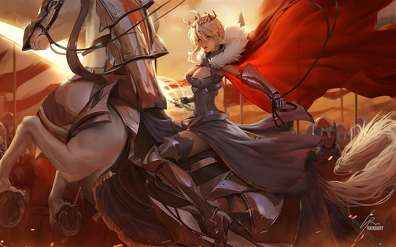 Artoria Lancer, fantasy, girl, red, raikoart, horse, HD wallpaper