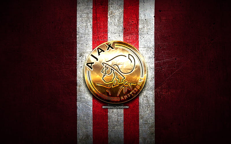 Ajax FC, golden logo, Eredivisie, red metal background, football, AFC Ajax, Dutch football club, Ajax logo, soccer, Netherlands, HD wallpaper