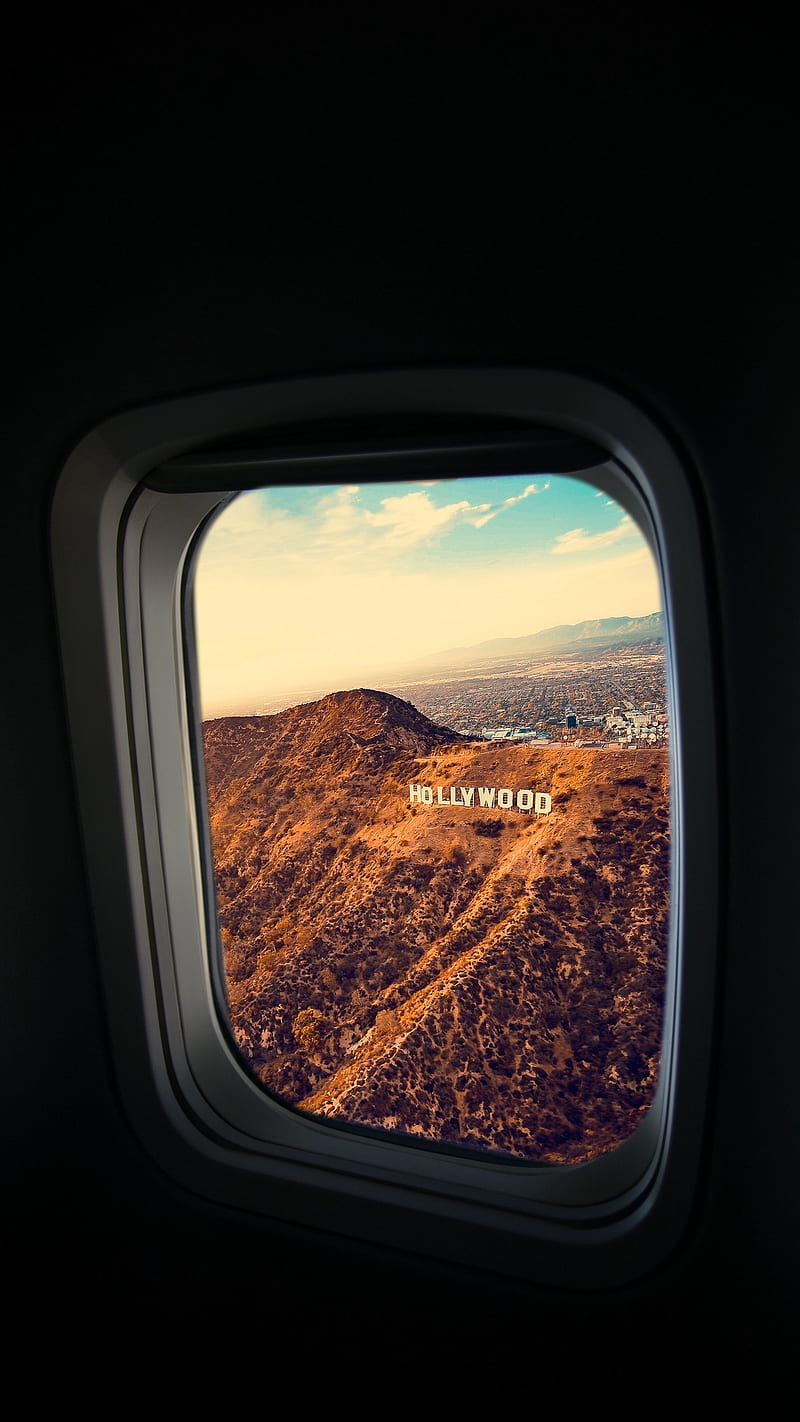 window, porthole, plane, flight, hollywood sign, los angeles, usa, airplane, HD phone wallpaper