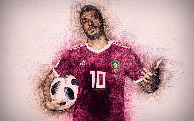 Younes Belhanda Moroccan football team, artwork, soccer, Belhanda, footballers, drawing Younes Belhanda, Morocco National Team, HD wallpaper
