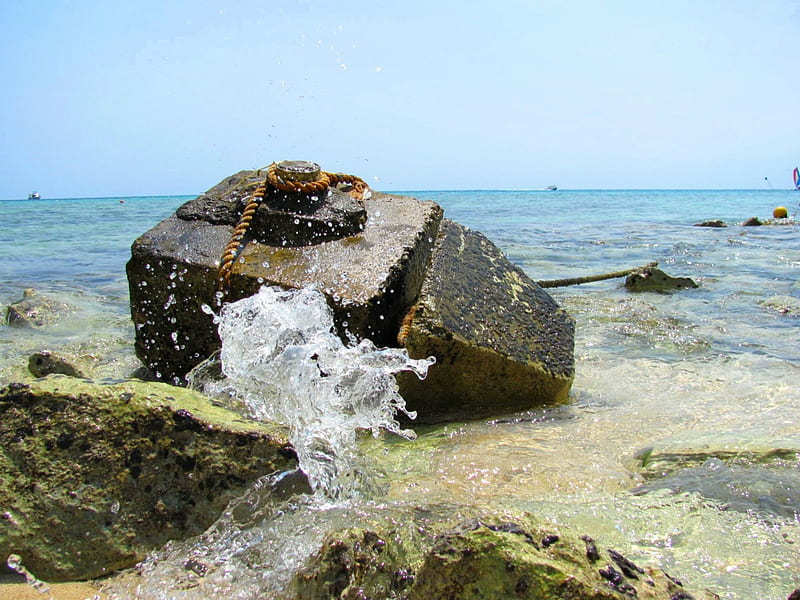 Stone Anchor, anchor, cozumel, ocean, wave, beach, splash, mexico, nature, tropical, blue, HD wallpaper