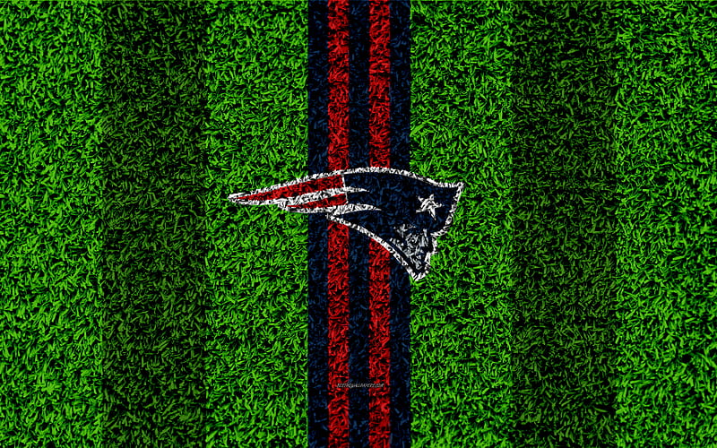 New England Patriots, logo grass texture, emblem, football lawn, blue red lines, National Football League, NFL, New England, USA, American football, HD wallpaper