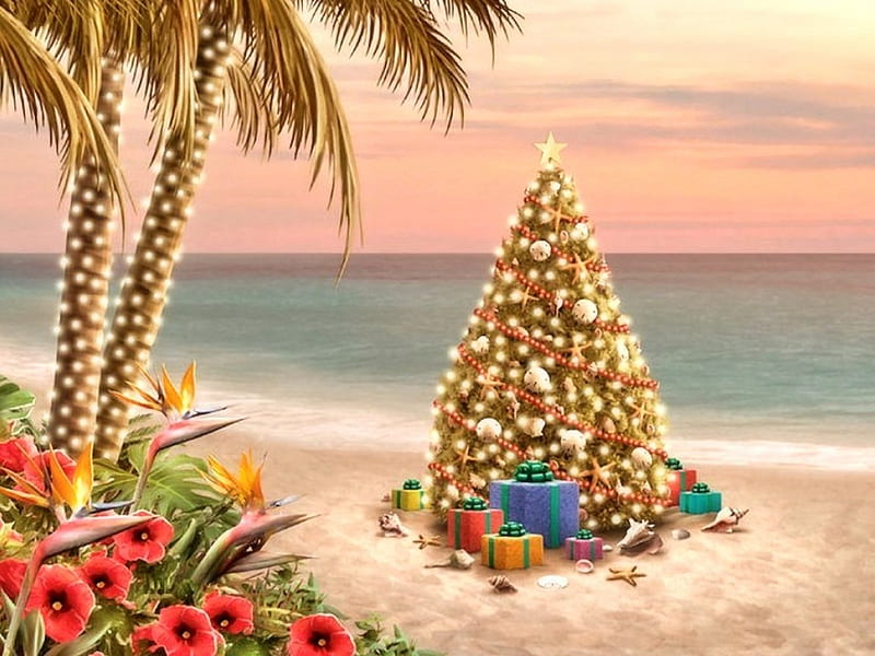 Christmas Tree on the Beach, Christmas, beach, Palm, Painting, HD wallpaper