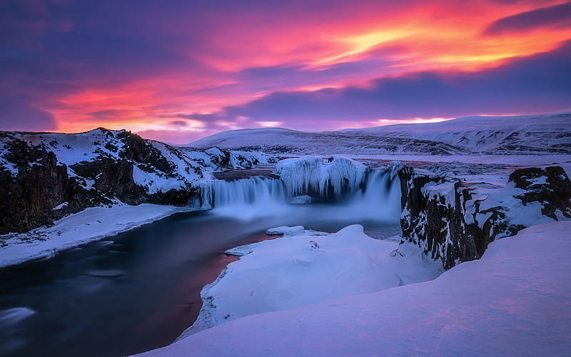 winter landscape, sunset, evening, waterfall, snow, river, Iceland, HD wallpaper