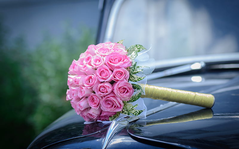 wedding bouquet, pink roses, bridal bouquet, roses, pink flowers, wedding, HD wallpaper