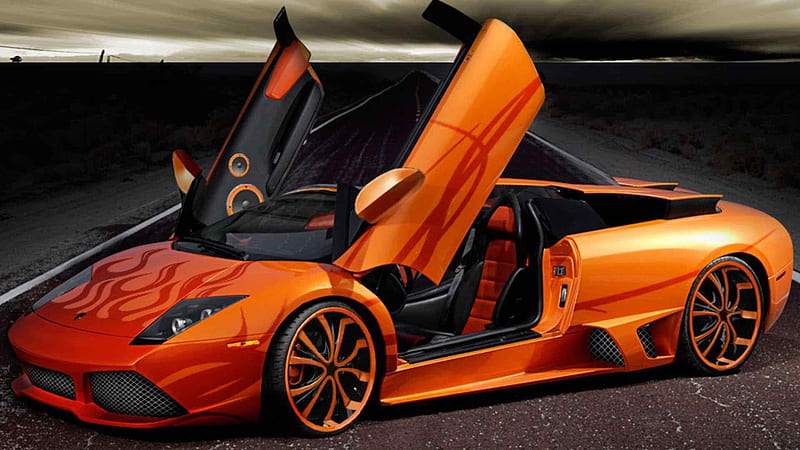 Lamborghini car doors up, orange, wheels, Doors, car, HD wallpaper