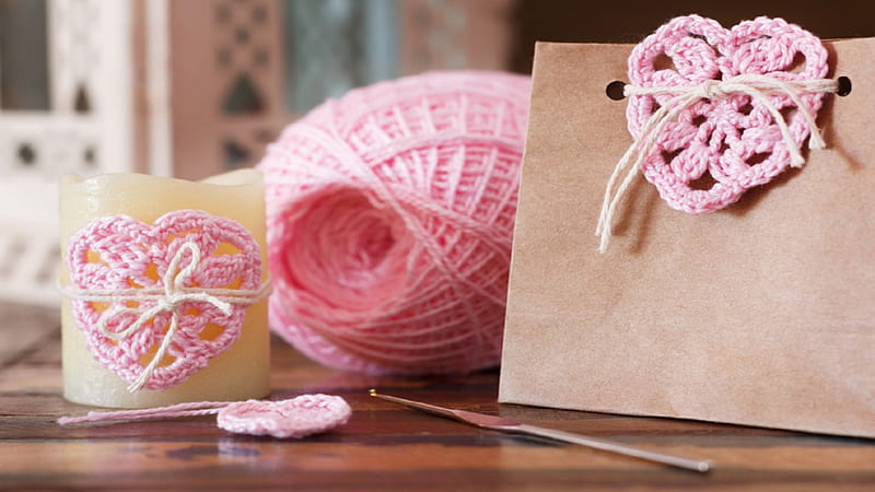 candle, table, crochet, handmade, bag, corazones, yarn, string, love, HD wallpaper