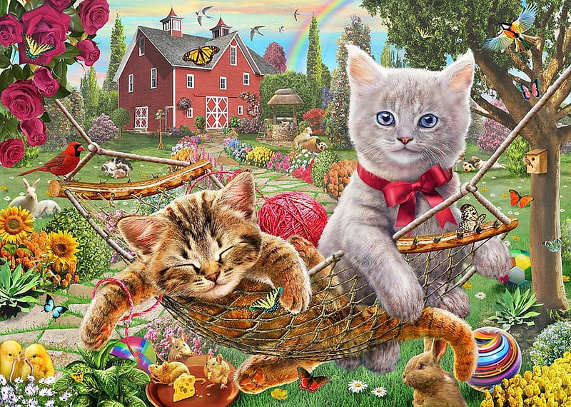 Cats On The Farm, house, painting, birds, flowers, butterflies, hammock, kitten, artwork, HD wallpaper