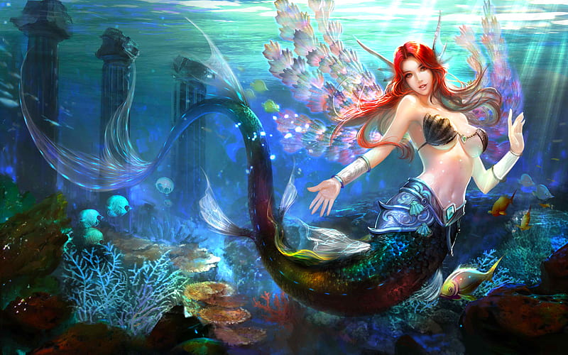 Sapphire, pretty, underwater, art, mermaid, bonito, woman, fantasy, girl, digital, blue, HD wallpaper