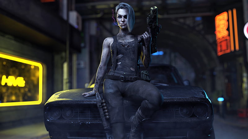 Wallpaper cyberpunk 2077, a girl with car, art desktop wallpaper, hd image,  picture, background, e70fea