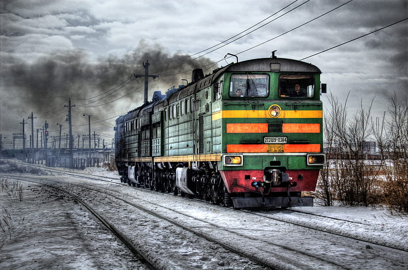 Russian Train, track, train, snow, clouds, powerlines, HD wallpaper