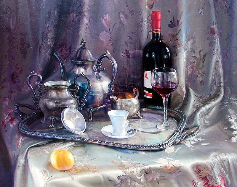 Wine and silver, tea cup, red wine, satin, orange, tea set, bottle, wine glass, silver, HD wallpaper