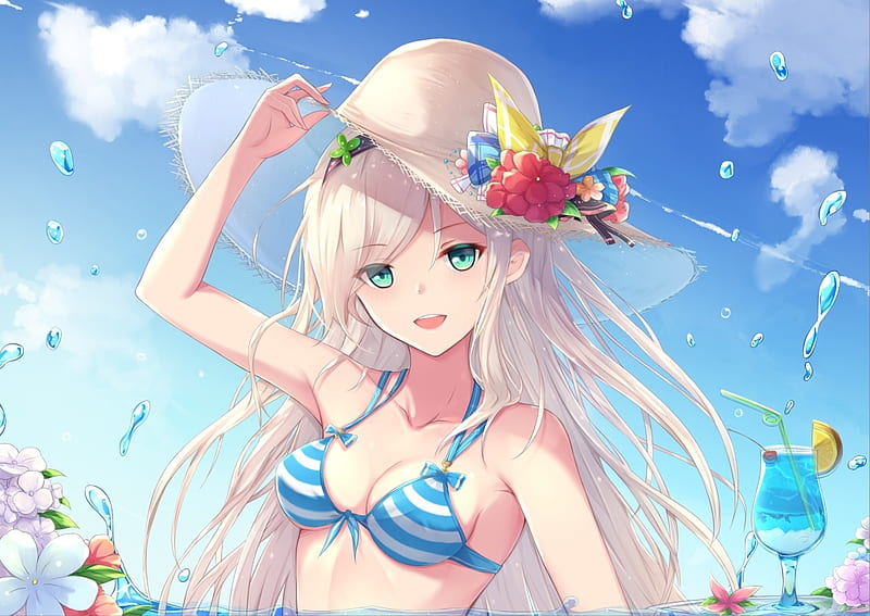 ❤, pretty glasses, bonito, adorable, sweet, nice, anime, beauty, anime girl, long hair, blue, cocktail, female, cloud, lovely, juice, smile, sky, sexy, smiling, hat, bikini, happy, cute, kawaii, water, girl, flower, petals, white, maiden, HD wallpaper