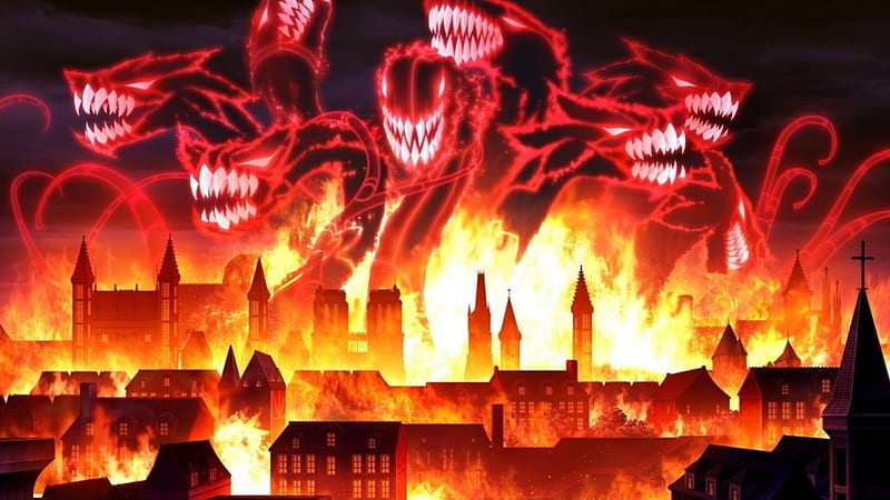 Black Beast, Scenery, Anime, Monster, Fire, City, HD wallpaper