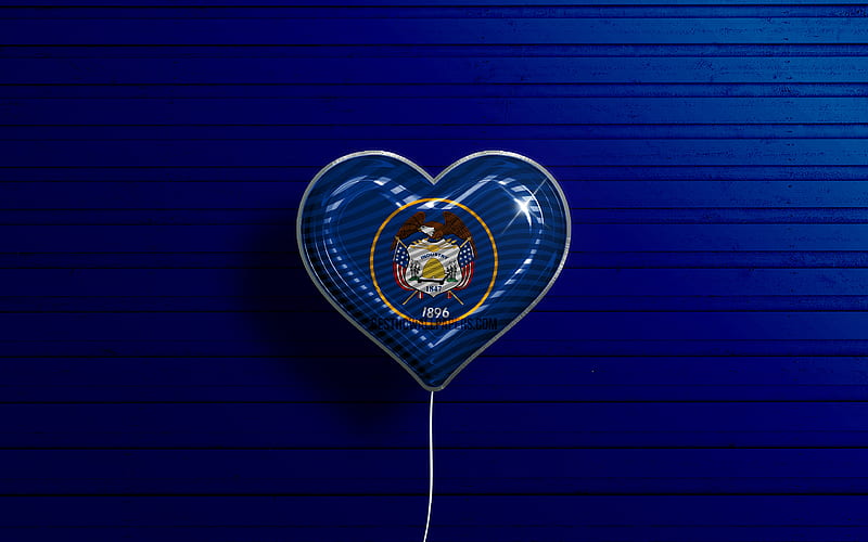 I Love Utah realistic balloons, blue wooden background, United States of America, Utah flag heart, flag of Utah, balloon with flag, American states, Love Utah, USA, HD wallpaper