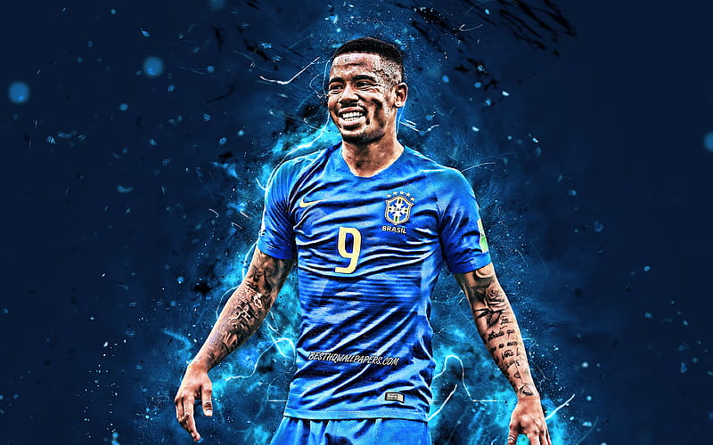 Gabriel Jesus, joy, Brazil National Team, blue uniform, football, forward, soccer, Gabriel Fernando de Jesus, striker, neon lights, Brazilian football team, HD wallpaper