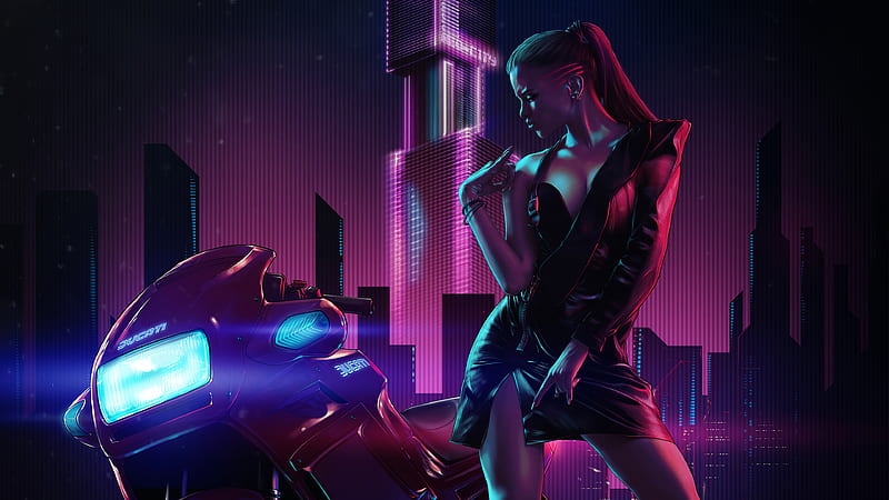 Cyberpunk Girl With Ducati , biker, cyberpunk, artist, artwork, digital-art, retrowave, HD wallpaper