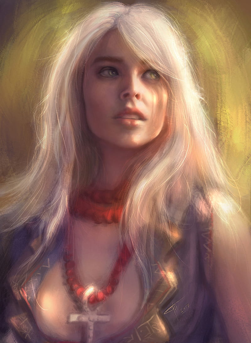 Tatiana Hordiienko, hair , portrait display, cleavage, open dress, blue clothing, blue clothes, digital art, blond hair, looking away, looking at the side, face, blue dress, open mouth, blonde, cross, eyes, green eyes, yellow eyes, long hair, bare shoulders, fictional character, fan art, fictional characters, dress, digital painting, white hair, gloss, yellow background, simple background, lips, video games, The Witcher, video game art, necklace, fictional, artwork, The Witcher 3: Wild Hunt, Keira Metz, ArtStation, HD phone wallpaper