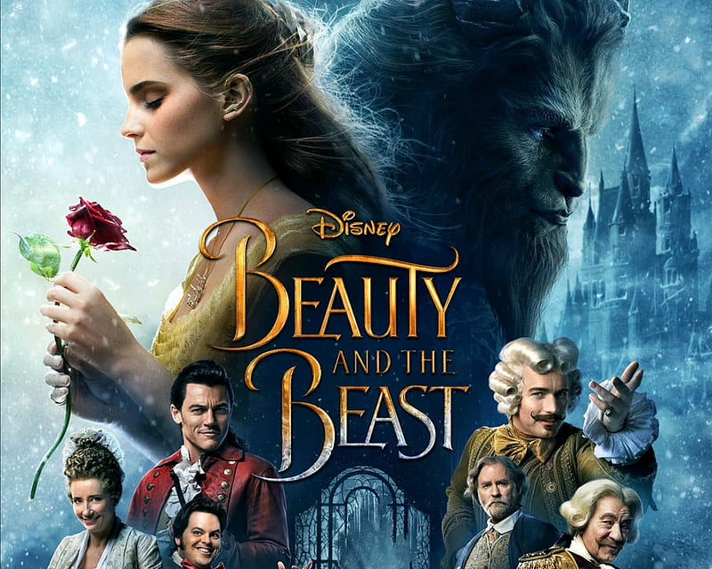 Beauty and the Beast 2017, poster, beauty and the beast, movie, rose, emma watson, fantasy, luke evans, disney, blue, HD wallpaper