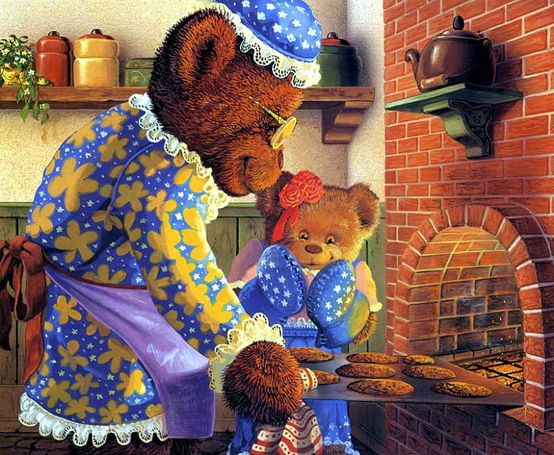 Grandma Bear Baking Cakes, stone, painting, oven, bearchild, bears, artwork, HD wallpaper