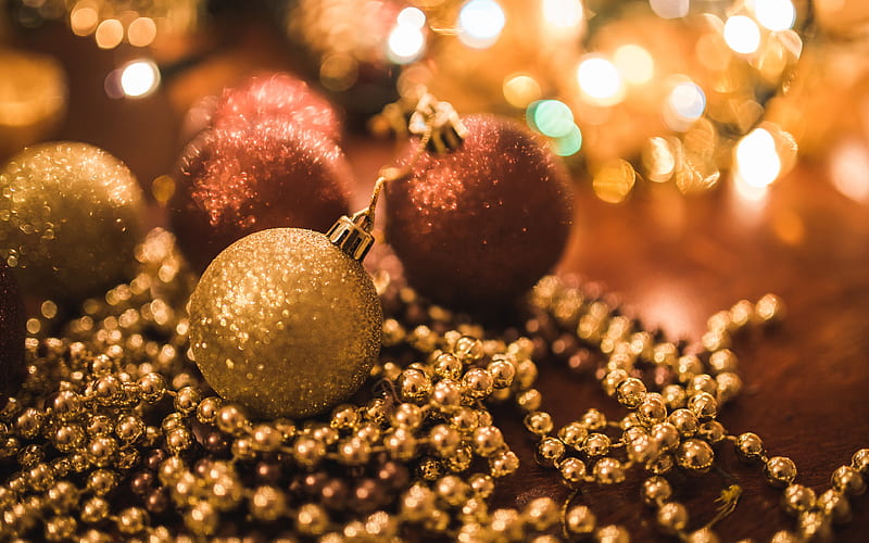 christmas decorations, beads, balls Happy New Year, xmas, Merry Christmas, brown decorations, christmas, New Year, HD wallpaper
