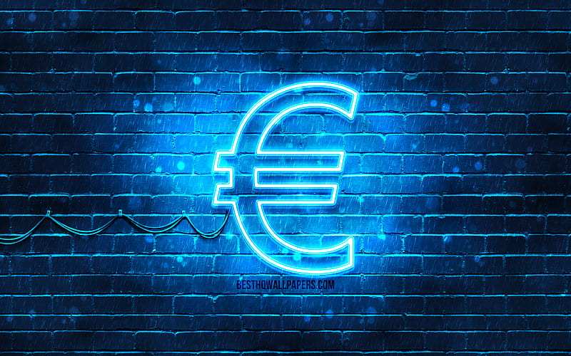 Euro blue sign blue brickwall, Euro sign, currency signs, Euro neon sign, Euro, HD wallpaper