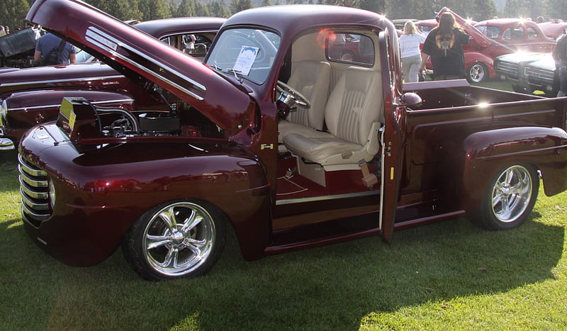 1950 Ford truck F-1, red, Ford, black, silver, graphy, engine, beige, tires, seats, HD wallpaper