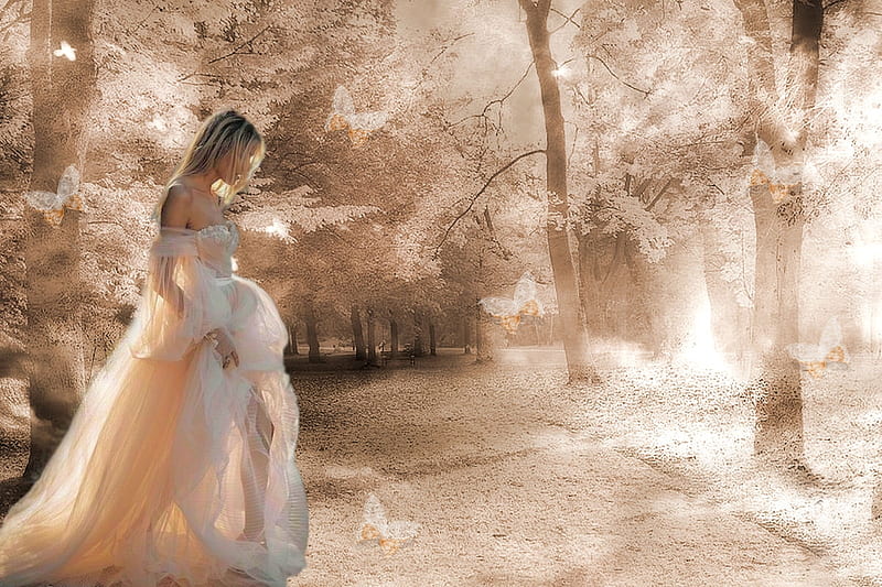 Ethereal Dreamy Forest, pretty, lovely, glow, stunning, JW, bonito, butterflies, breathtaking, delicate, gorgeus, Kathy Fornel, etheral women, fantasy, pastel, HD wallpaper