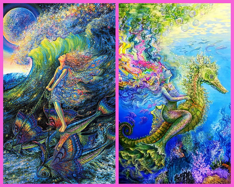 Sea's creatures, art, fish, collage, meramid, sea, josephine wall, girl, green, seahorse, painting, summer, pictura, pink, blue, HD wallpaper