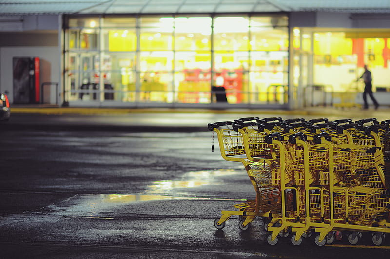 yellow shopping carts on concrete ground, HD wallpaper