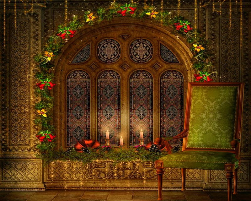 Christmas Decor, Christmas, chair, window, decor, HD wallpaper