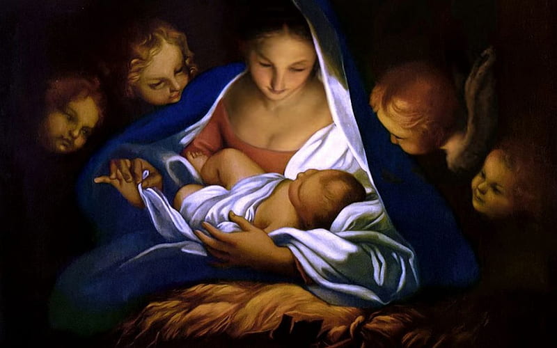 Mary and Baby Jesus with Cherubs, king, brown, black, mother, baby, angels, Mary, Jesus, master, gold, savior, God, cherubs, white, blue, HD wallpaper