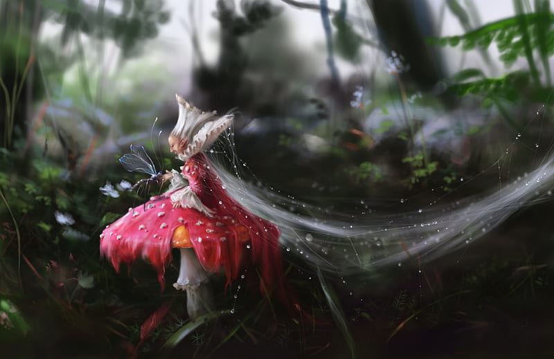 Mushroom fairy, red, fantasy, luminos, girl, mushroom, white, fairy, HD wallpaper